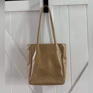 Vintage Ostrich Embossed Tan Leather Tote Shoulder Bag